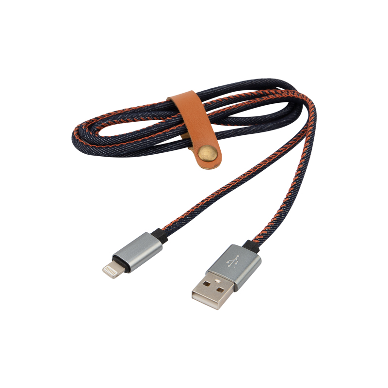 Кабель USB-A – Lightning, 2,4A, 1м, в нейлоновой оплетке (джинсовая ткань) REXANT