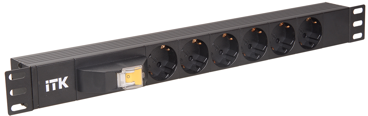 ITK PDU 6 розеток DIN49440 (нем. станд.), с автоматом на 10А, 1U, без шнура, вх. IEC320 C14, алюминиевый профиль, черный