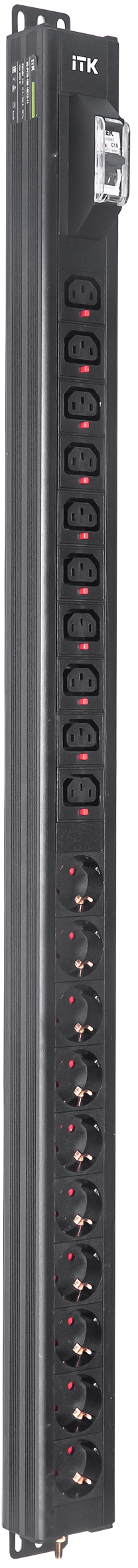 ITK BASE PDU вертикальный PV1101 24U 1 фаза 16А 10 розеток SCHUKO (немецкий стандарт) + 10 розеток C13 без кабеля с входным разъемом C20