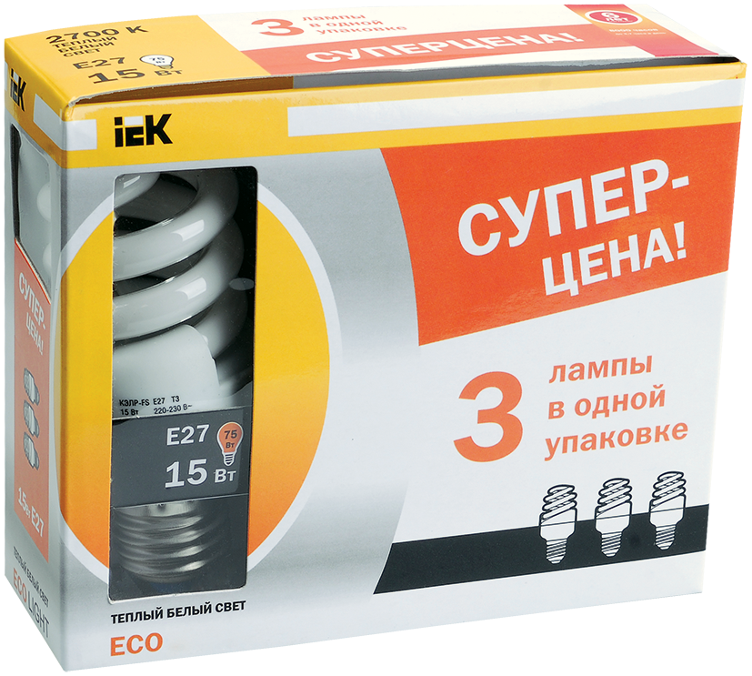 Лампа энергосберегающая КЭЛP-FS спираль Е27 20Вт 2700К (ПРОМОПАК 3шт) IEK-eco
