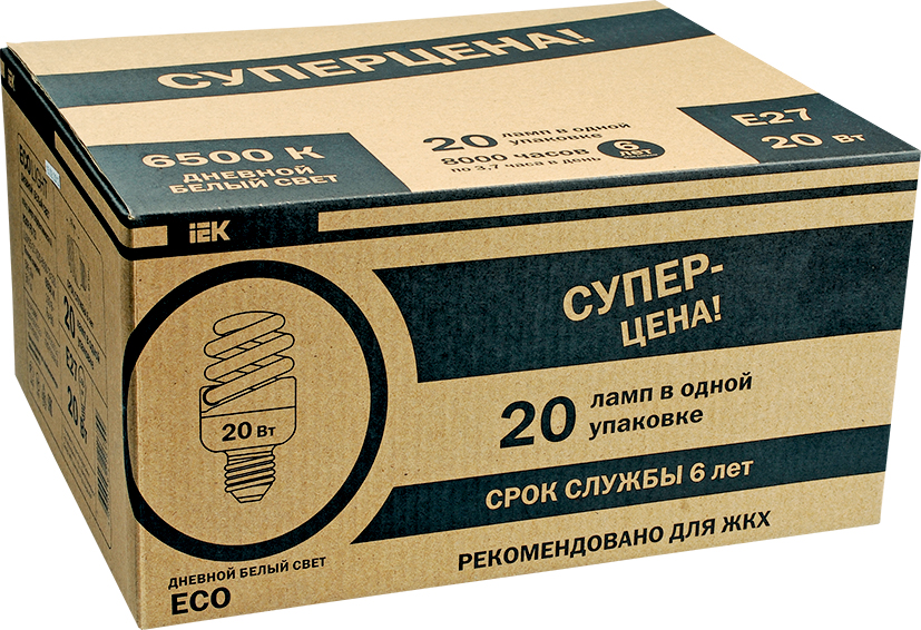 Лампа КЭЛP-3U Е27 20Вт 6500К ЖКХПАК 20 шт IEK-eco
