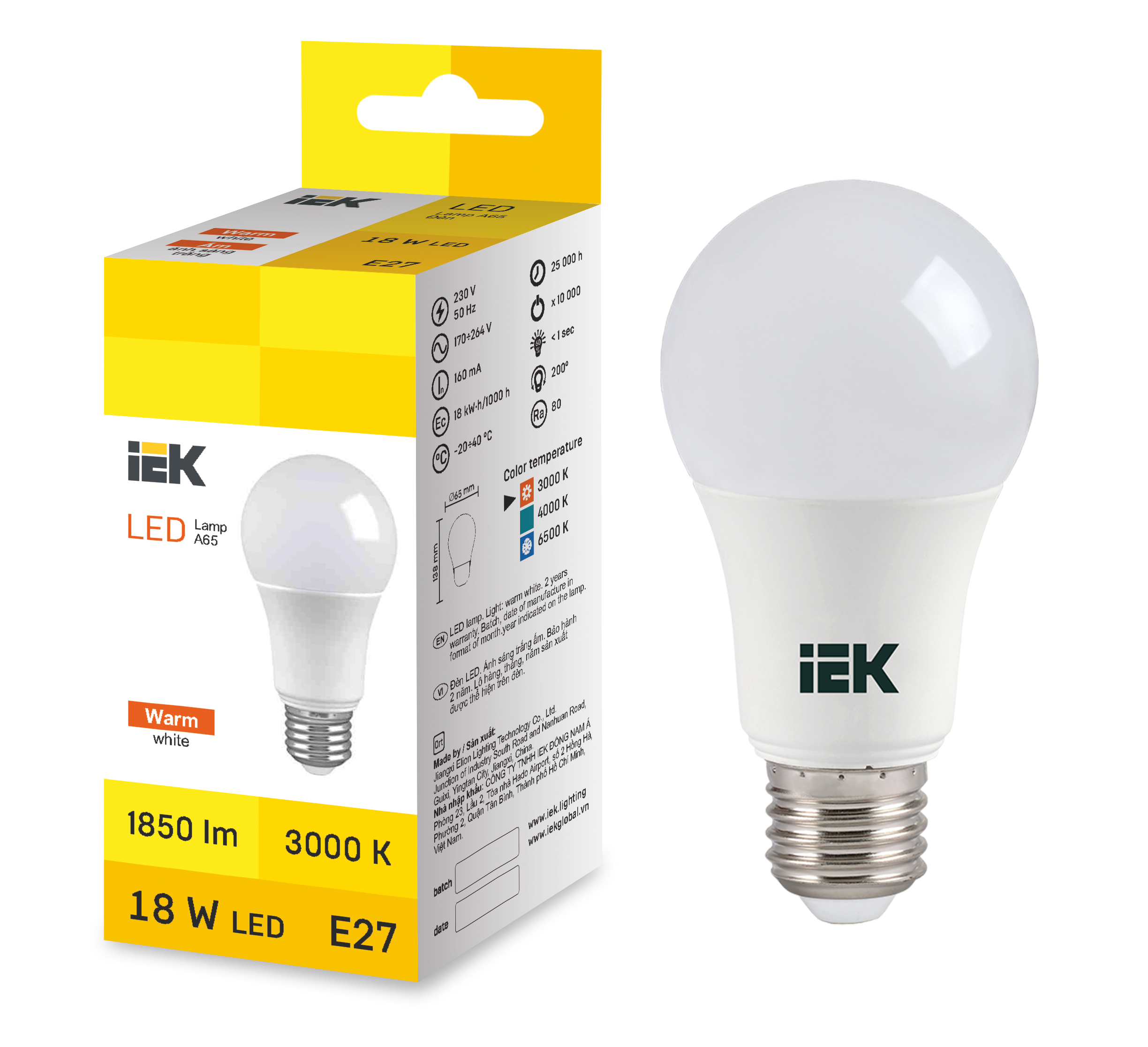 LED Bulb A65 18W 3000K E27 IEK
