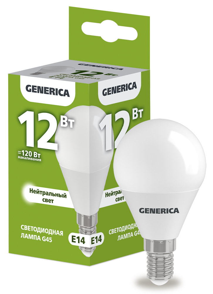 Лампа светодиодная G45 шар 12Вт 230В 4000К E14 GENERICA