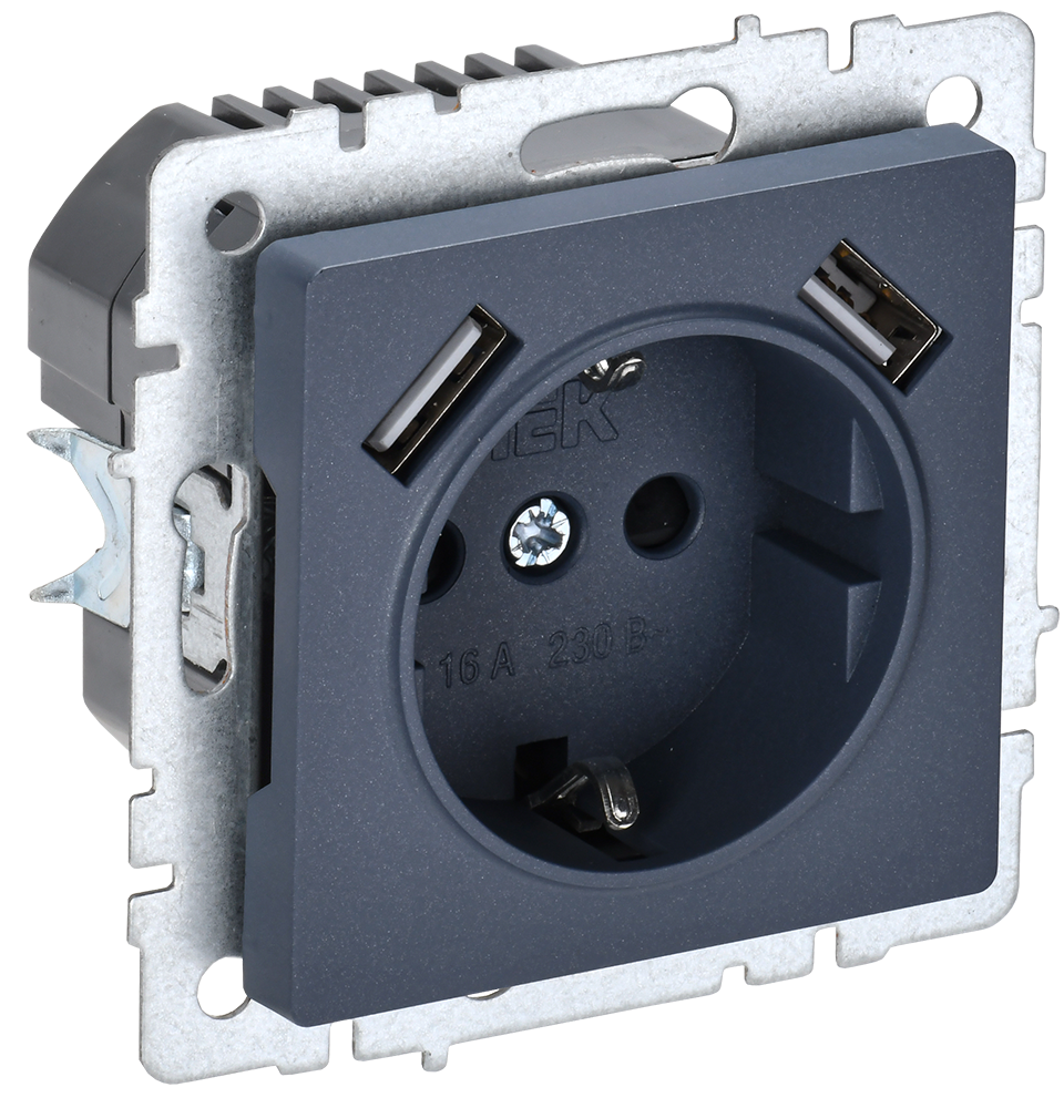 BRITE Розетка 1-местная с заземлением с защитными шторками 16А с USB A+A 5В 3,1А РЮш10-2-БрМ маренго IEK