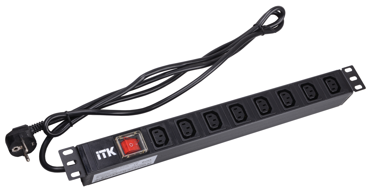 ITK PDU 7 розеток C13 с LED выключателем,1U, шнур 2м вилка нем. стандарт
