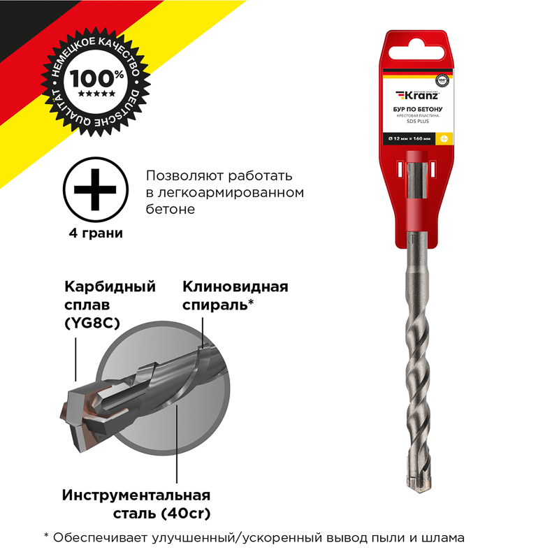 Бур по бетону 12x160x100мм, крестовая пластина, хвостовик SDS-plus KRANZ