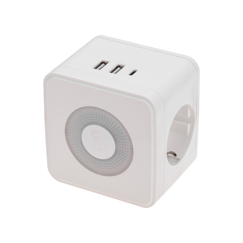 Двойник электрический Куб 16А с/з, 2 разъема USB-A 2,4А, 1 разъем USB-C 3А, с ночной подсветкой, белый REXANT