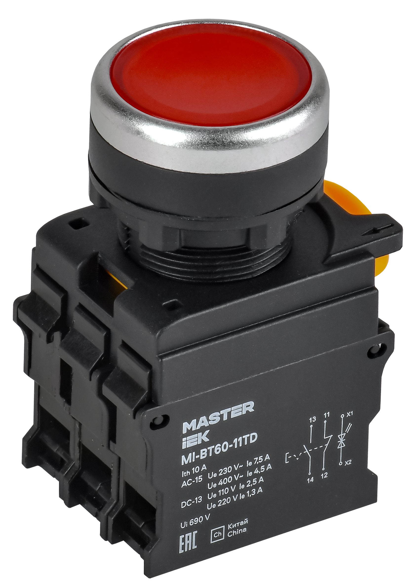 Кнопка с подсветкой и фиксацией d=22мм 1NO+1NC красная MASTER IEK
