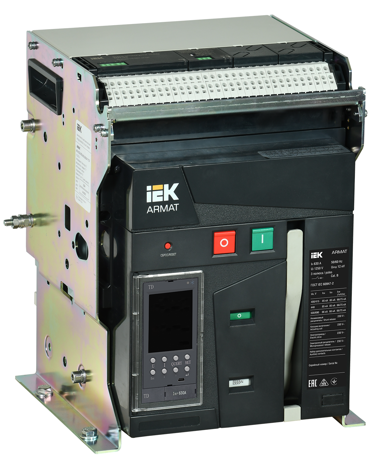 ARMAT AR-A2S TD06 3P F HR Выключатель автоматический воздушный 85кА расцепитель TD 630А 3P стационарный с аксессуарами ~220-240В: реле отключения, реле включения, моторный привод IEK