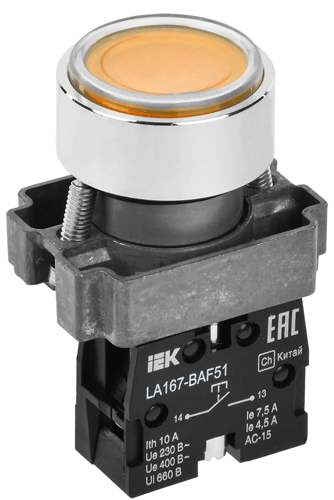 Кнопка управления LA167-BAF51 d=22мм 1NO желтая IEK