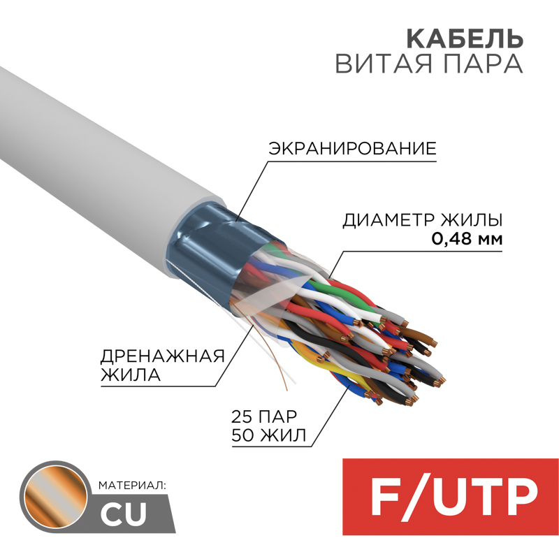 Кабель витая пара F/UTP, CAT 5е, LSZH нг(А)-HF, 25PR, 24AWG, внутренний, однопроволочный, серый, 305м, РФ REXANT