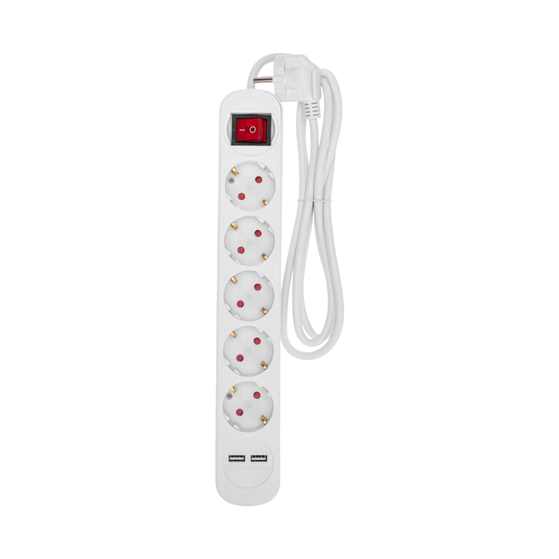 Удлинитель СТАНДАРТ 5 гнезд, 1,5м, 3х1,0мм², с/з, с выключателем, 2 USB-разъема, белый REXANT