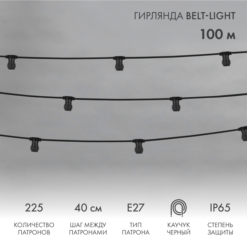 Гирлянда Белт-Лайт 2 жилы, 50м, шаг 40см, 125 патронов E27, IP65, черный плоский провод каучук NEON-NIGHT