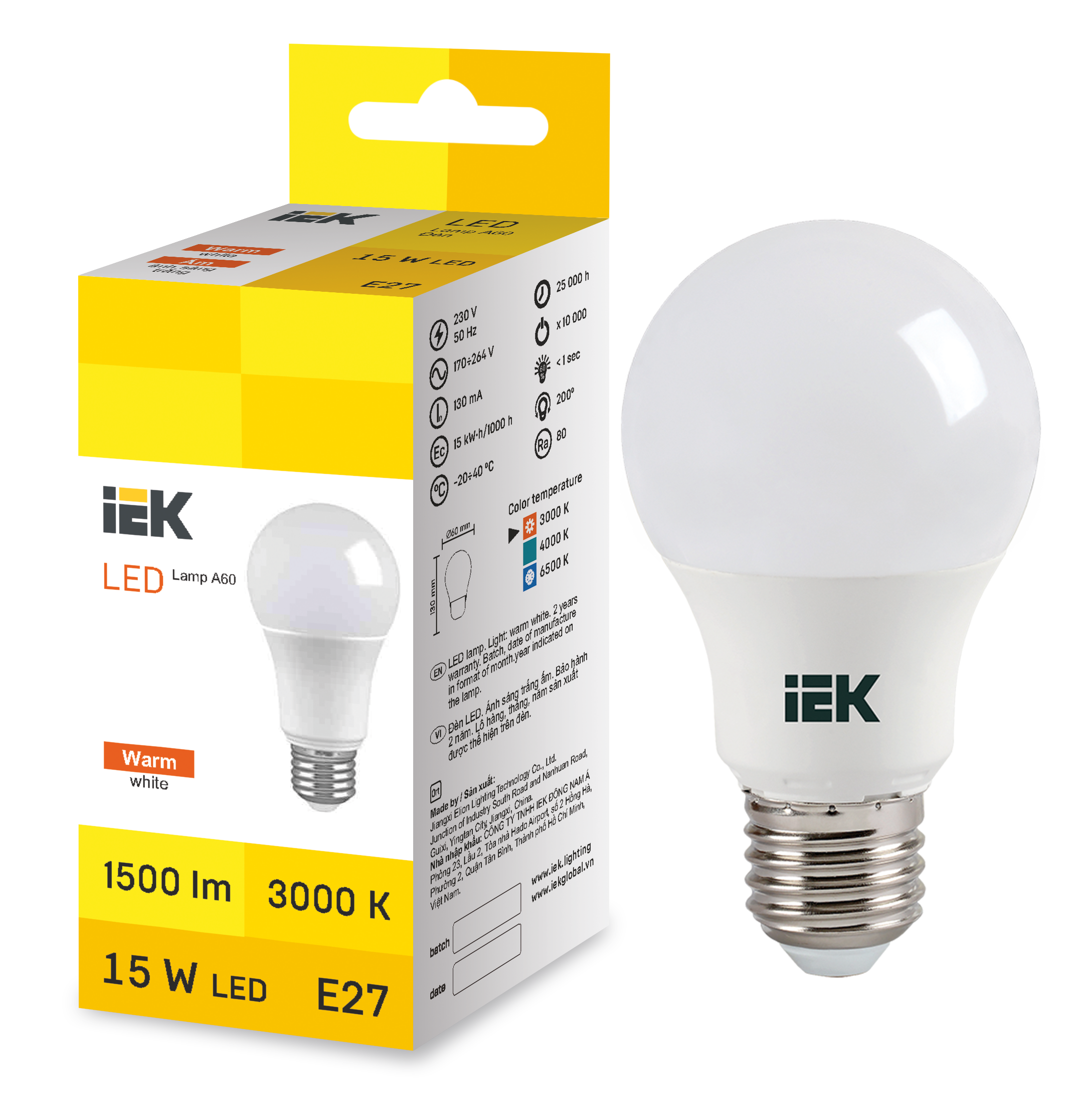 LED Bulb A60 15W 3000K E27 IEK