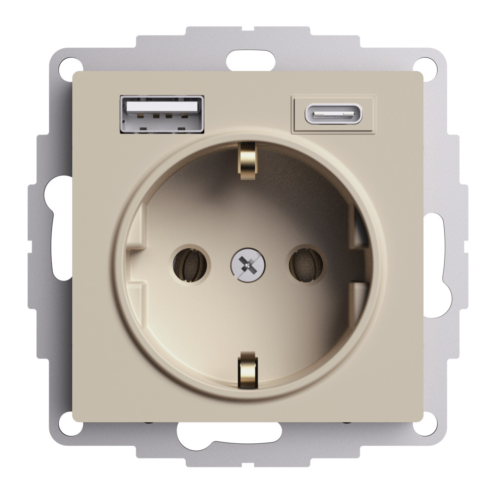 ATLASDESIGN РОЗЕТКА 16А с 2 USB A+C, 5В/2,4А/3,0А, 2х5В/1,5А, механизм, ПЕСОЧНЫЙ