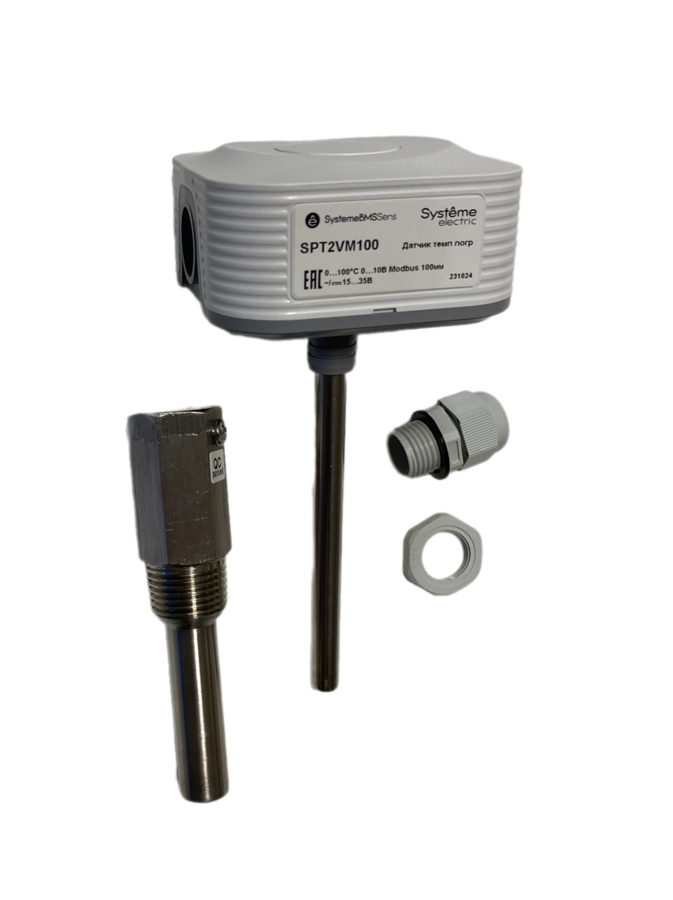 Датчик температуры погружной, 0…+100°С 0…10В RS485/Modbus 100мм ~24В±20%/=15…35В с гильзой 50мм
