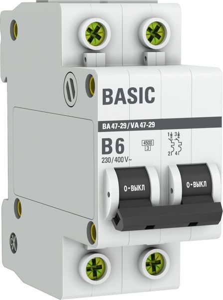 Автоматический выключатель ВА 47-29 2P 6А (B) 4,5кА BASIC