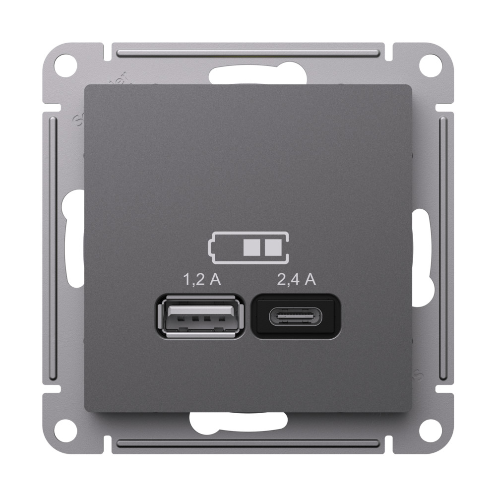 ATLASDESIGN USB РОЗЕТКА A+С, 5В/2,4А, 2х5В/1,2А, механизм, БАЗАЛЬТ