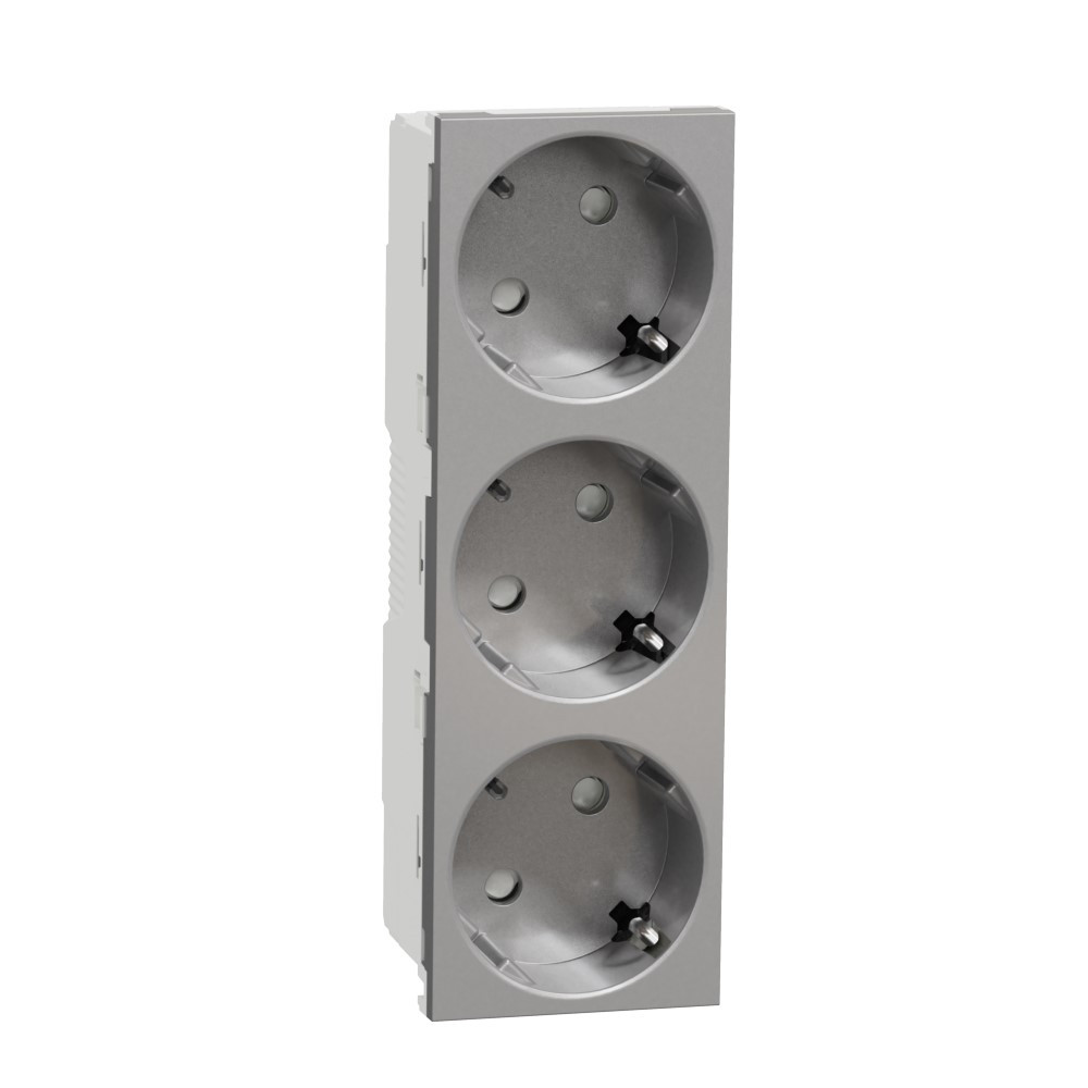 Unica Modular Розетка 3х(2К+З) 45гр, шторки, безвинтовые клеммы АЛЮМИНИЙ