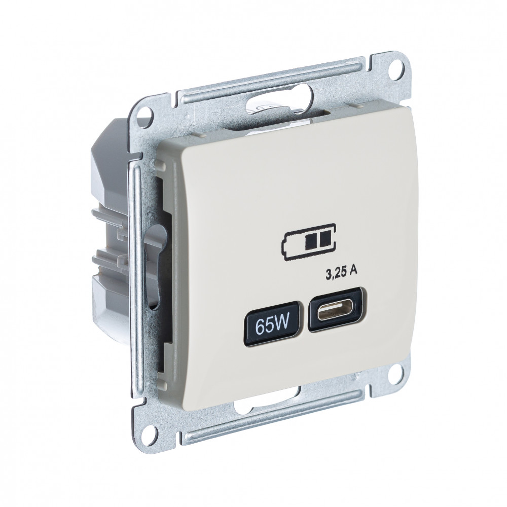 GLOSSA USB РОЗЕТКА тип-C 65Вт высокоскор.заряд. QC, PD, механизм, МОЛОЧНЫЙ