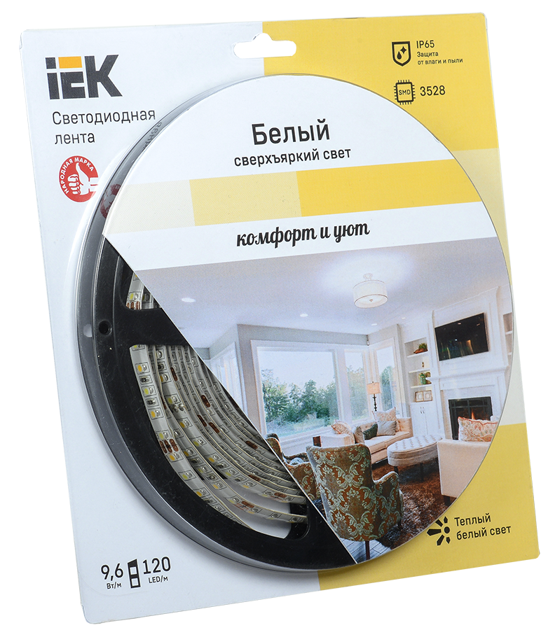 Лента LED 5м блистер LSR-3528WW120-9.6-IP65-12V теплый белый цвет IEK-eco