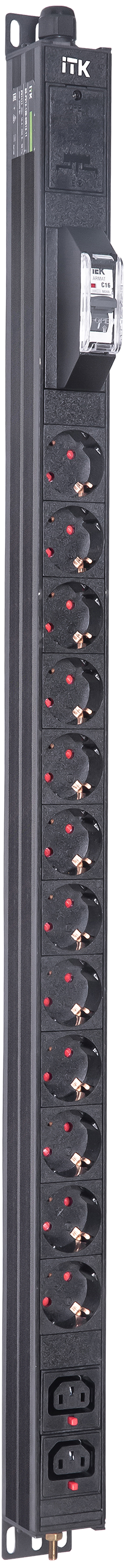 ITK BASE PDU вертикальный PV1111 20U 1 фаза 16А 12 розеток SCHUKO (немецкий стандарт) + 2 розетки C13 кабель 2,6м вилка SCHUKO (немецкий стандарт)