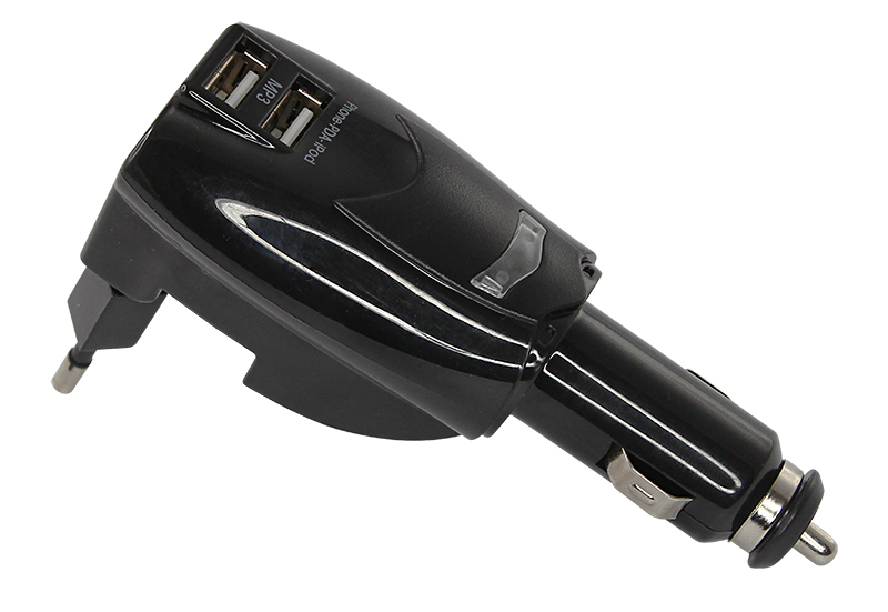 Универсальное ЗУ-трансформер авто+сетевое 2 USB цвет черный (2х1000 mA)c индикатором, блистер