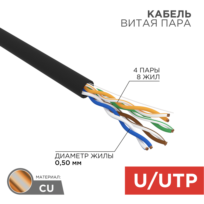 Кабель витая пара U/UTP, CAT 5e, PE, 4PR, 24AWG, внешний, однопроволочный, черный, 50м REXANT