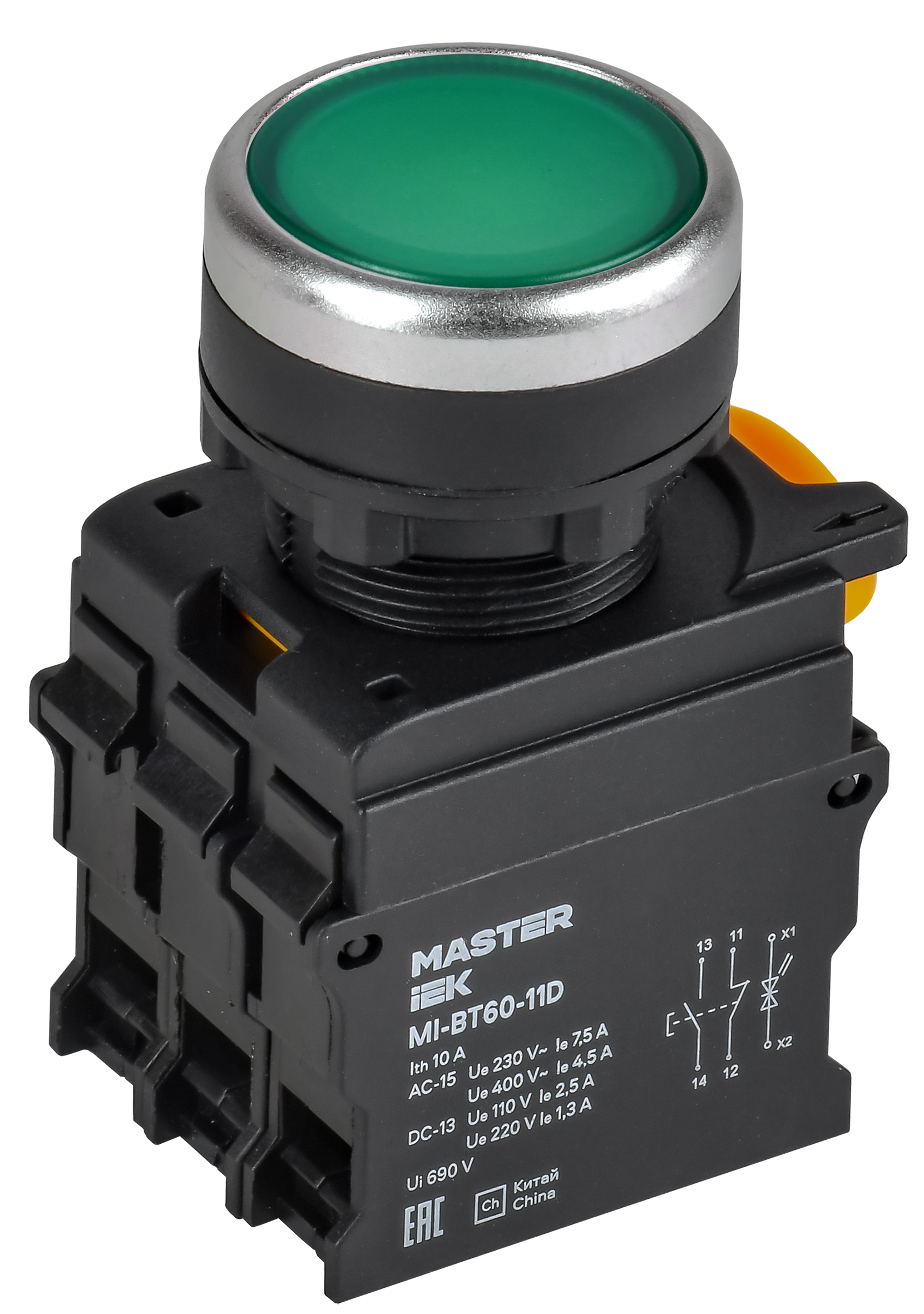 Кнопка с подсветкой d=22мм 1NO+1NC зелёная MASTER IEK