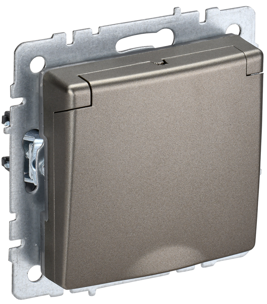 BRITE Розетка 1-местная с заземлением с защитными шторками и крышкой 16А IP44 РСбш10-3-44-БрШ шампань IEK