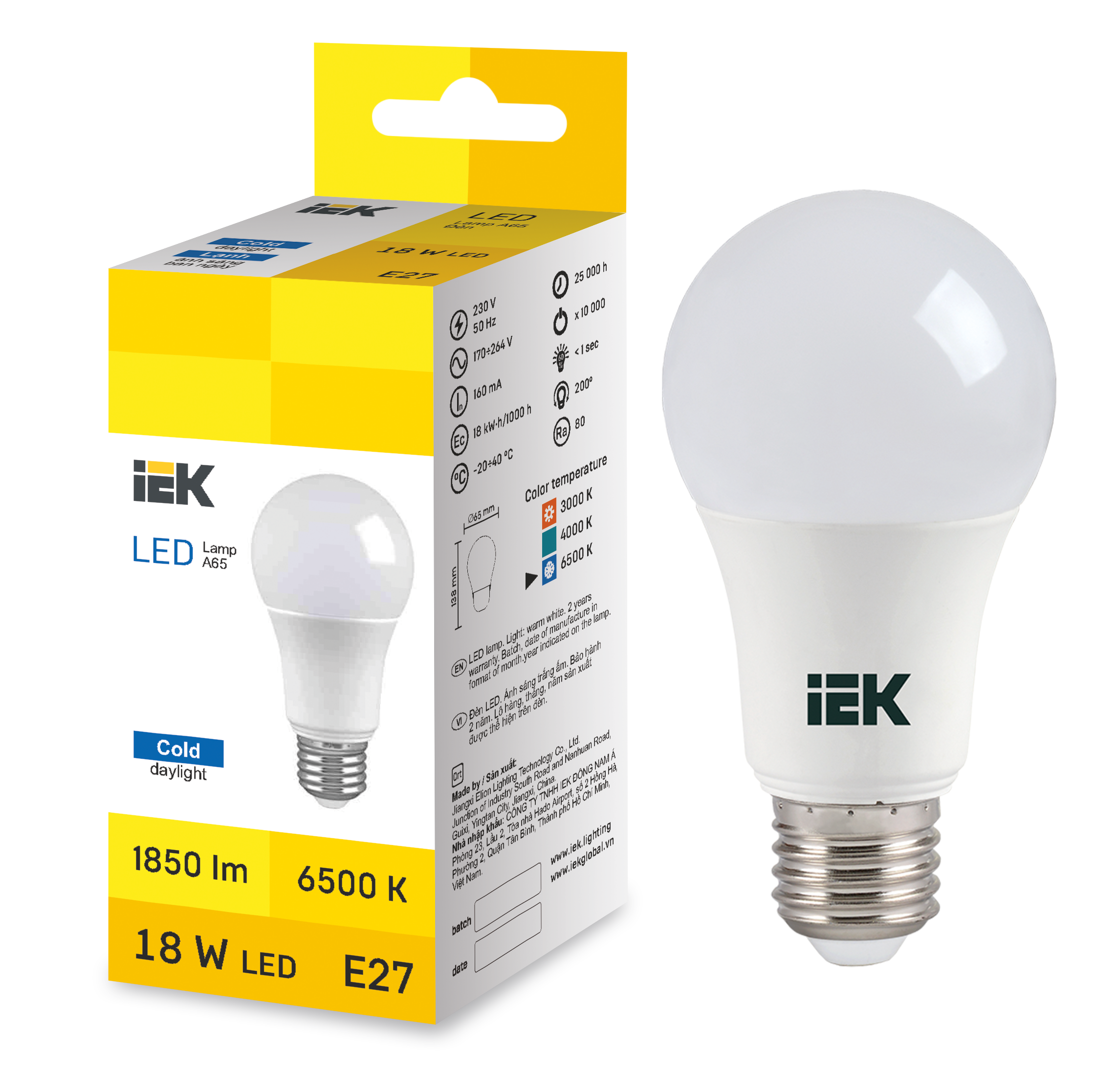 LED Bulb A65 18W 6500K E27 IEK