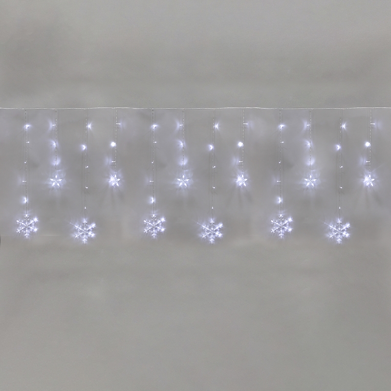Гирлянда Бахрома со снежинками 2,4х0,9м, 150LED БЕЛЫЙ, прозрачный ПВХ, IP20, свечение с динамикой, 230В, не соединяется, с контроллером 8 режимов