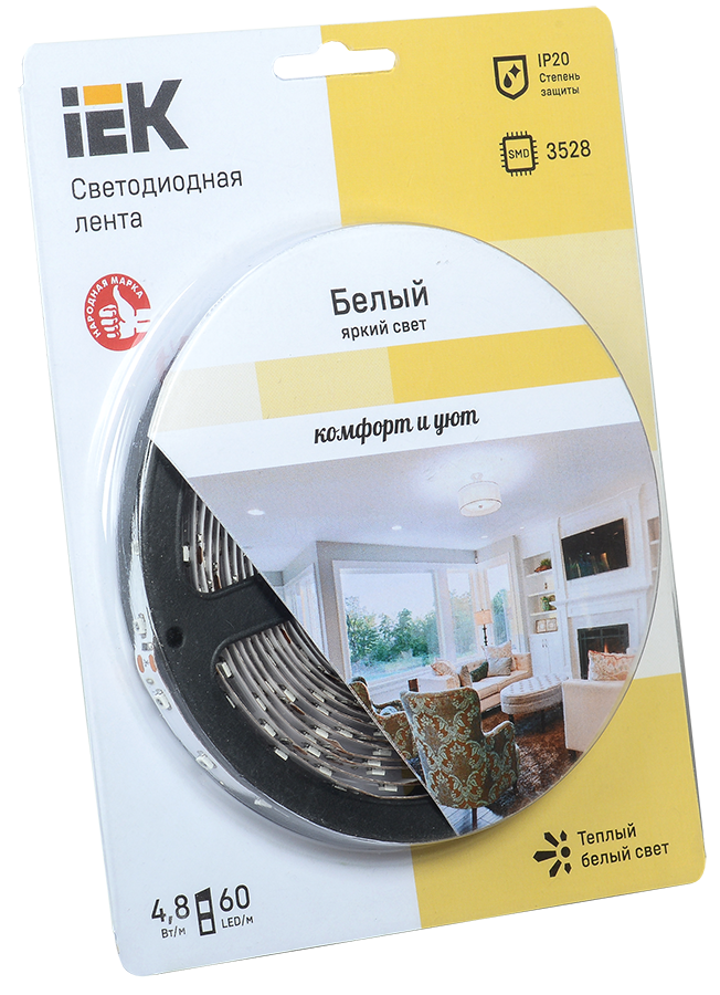 Лента LED 5м блистер LSR-3528WW60-4.8-IP20-12V теплый белый цвет IEK-eco
