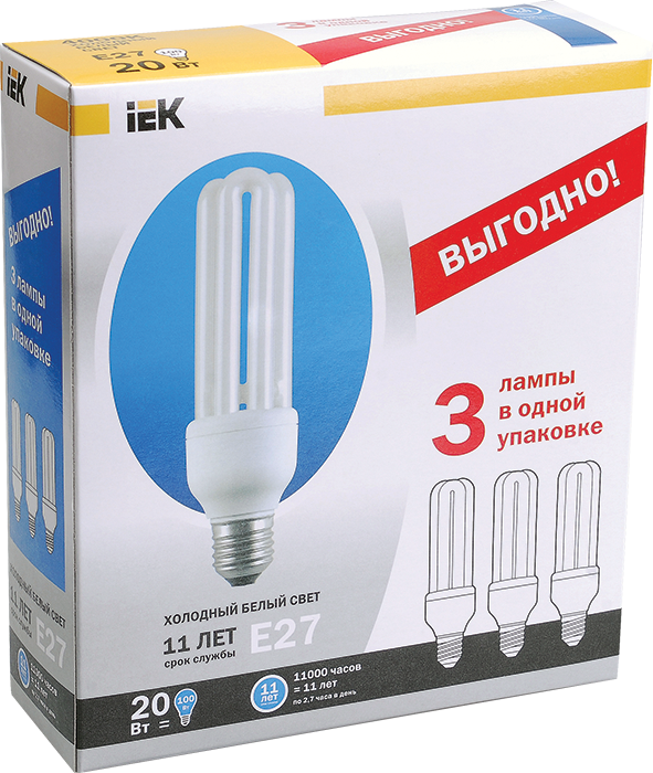 Лампа энергосберегающая КЭЛ-3U Е27 20Вт 4000К Т4 ПРОМОПАК 3шт IEK