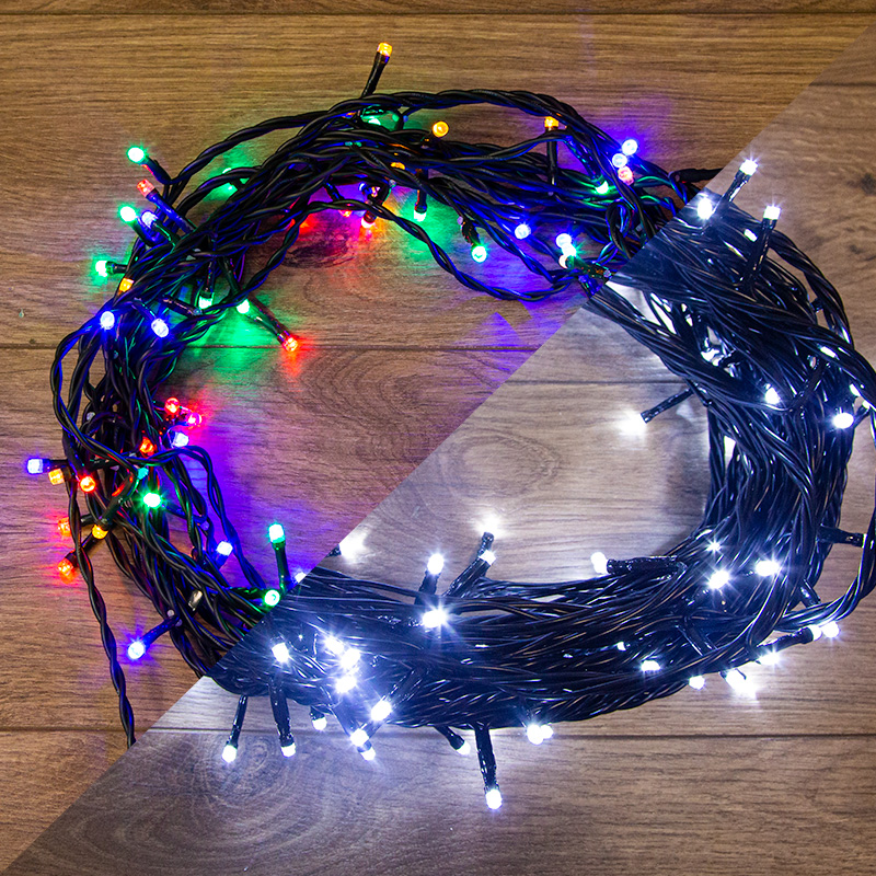Гирлянда Нить управляемая 10м 100 LED БЕЛЫЙ/МУЛЬТИКОЛОР черный ПВХ IP65 свечение с динамикой 230В контроллер в комплекте NEON-NIGHT