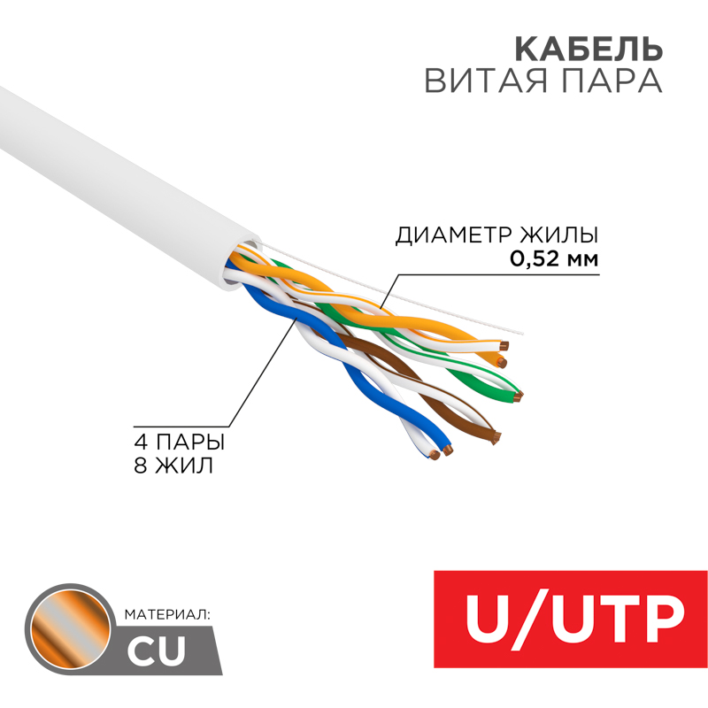 Кабель витая пара U/UTP, CAT 5e, PVCLSнг(А)-FRLSLTx 4х2х0,52 (С6452) 305м СегментЛАН