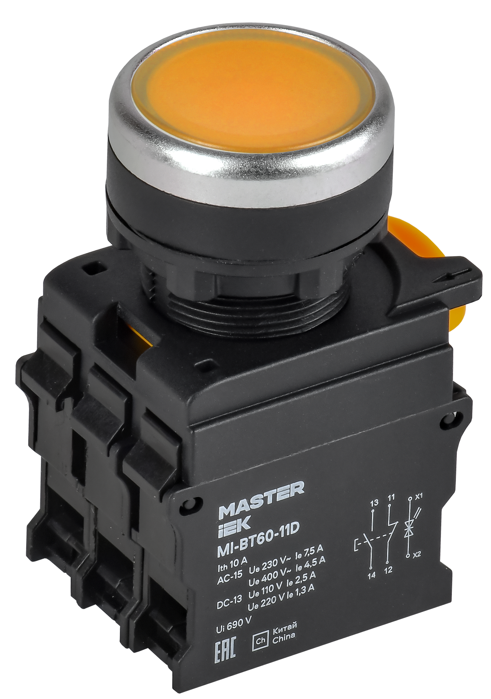 Кнопка с подсветкой d=22мм 1NO+1NC жёлтая MASTER IEK