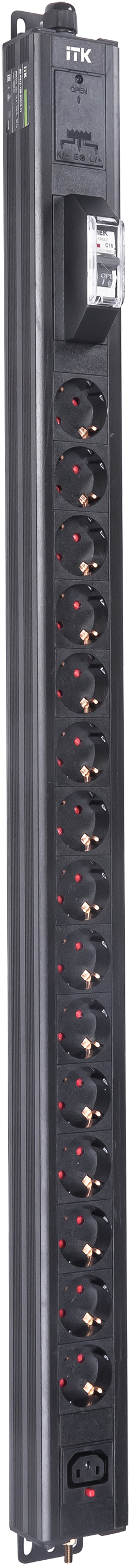 ITK BASE PDU вертикальный PV1111 22U 1 фаза 16А 15 розеток SCHUKO (немецкий стандарт) + 1 розетка C13 кабель 2,6м вилка SCHUKO (немецкий стандарт)