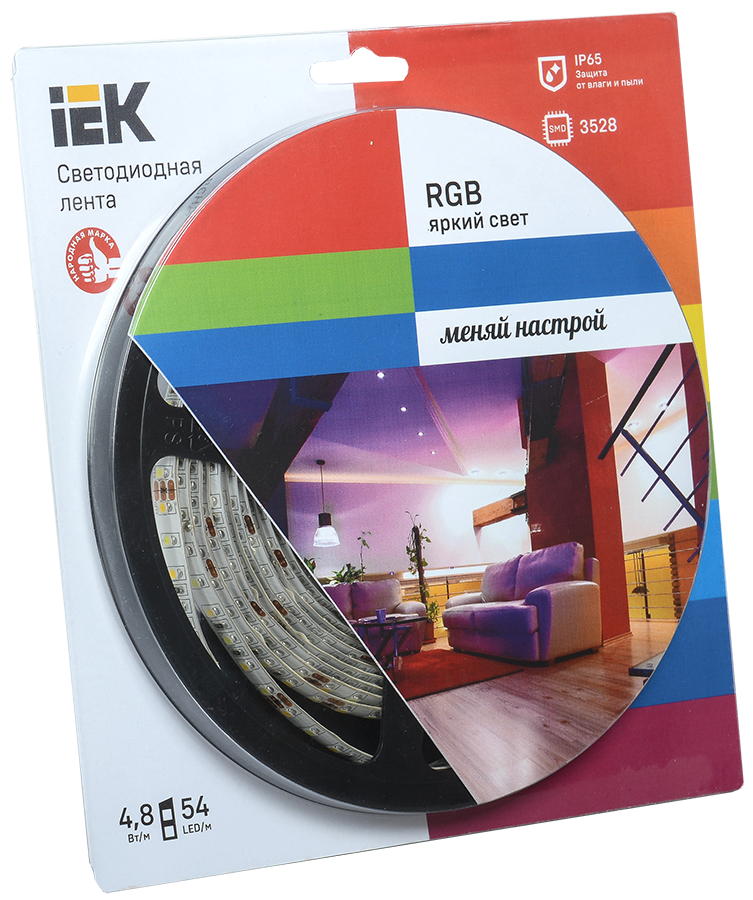 Лента светодиодная 5м блистер LSR-3528RGB54-4.8-IP65-12V IEK-eco
