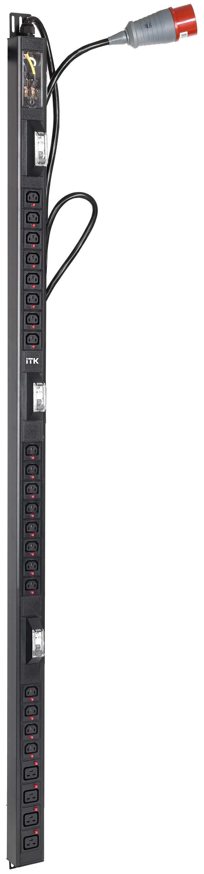 ITK BASE PDU вертикальный PV1113 36U 3 фаза 32А 20 розеток C13 + 4 розетки C19 кабель 3м вилка IEC60309 (промышленная)