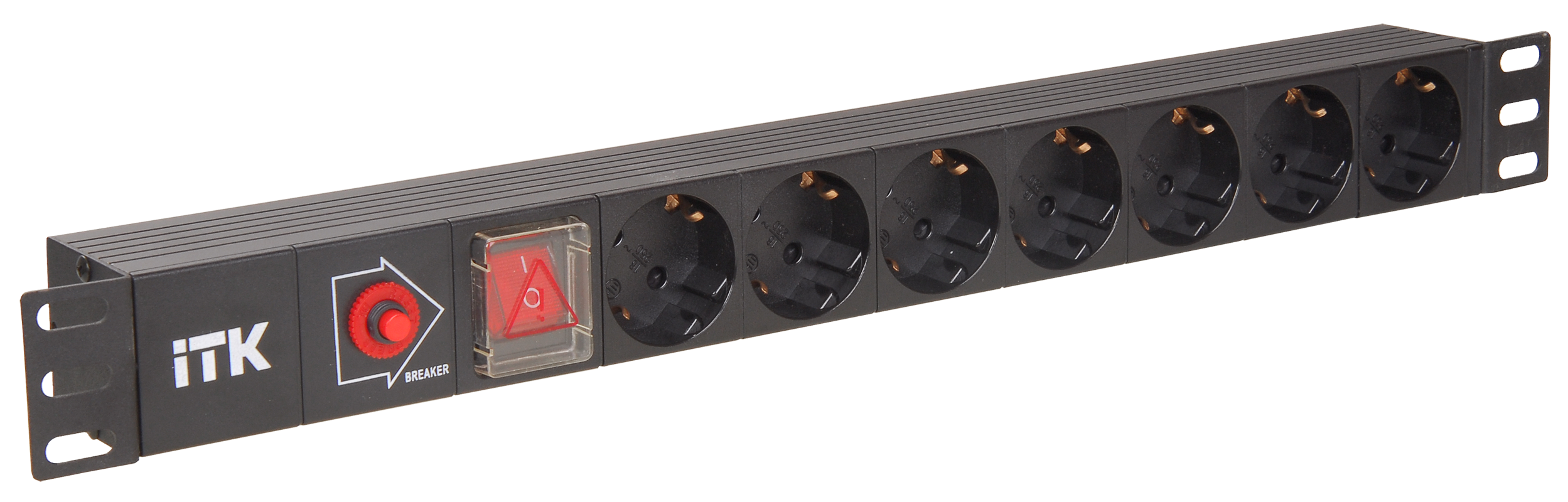 ITK PDU 7 розеток нем. стандарт, с LED выключателем и защитой от перенапряжения, без шнура, вх. C14, алюминиевый профиль