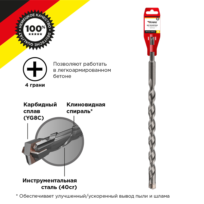 Бур по бетону 14x310x250мм, крестовая пластина, хвостовик SDS-plus KRANZ