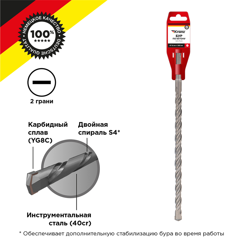 Бур по бетону 16x260x200мм, хвостовик SDS-plus KRANZ