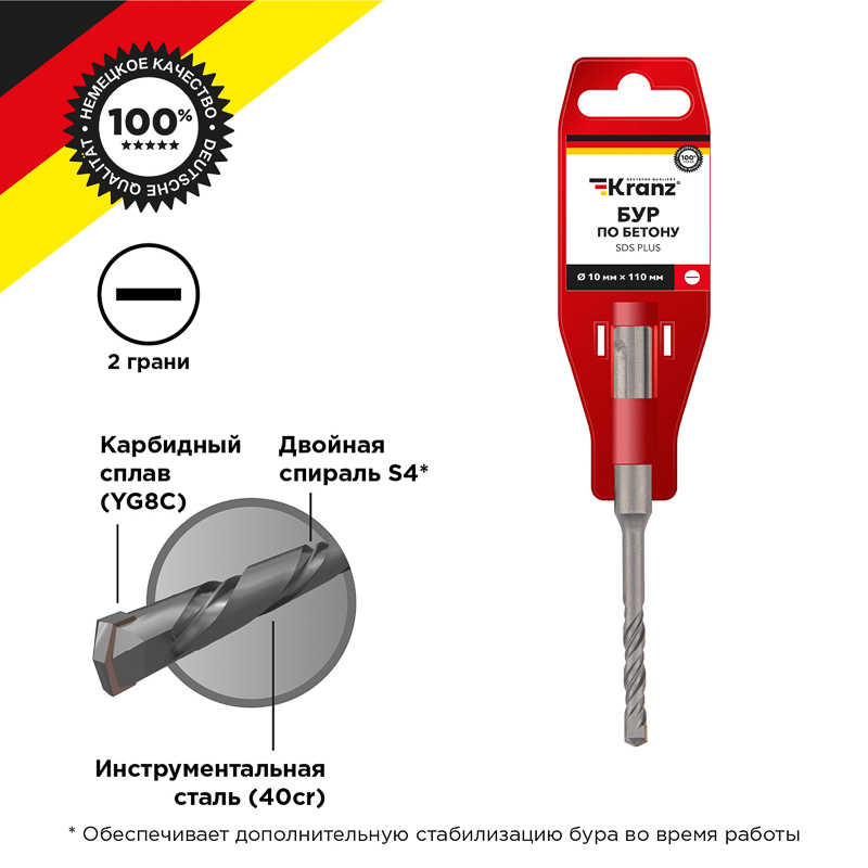 Бур по бетону 10x110x50мм, хвостовик SDS-plus KRANZ