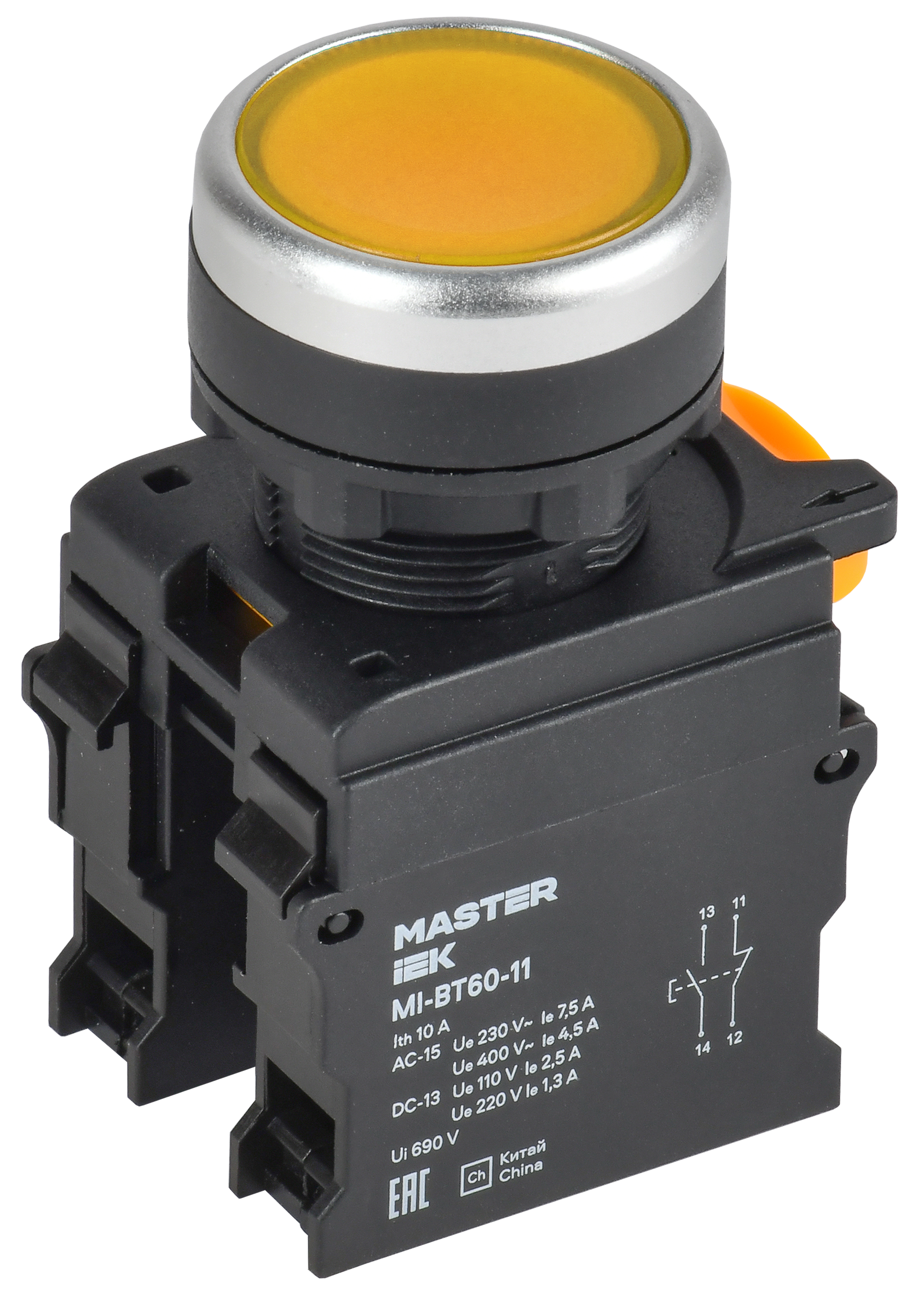 Кнопка d=22мм 1NO+1NC жёлтая MASTER IEK