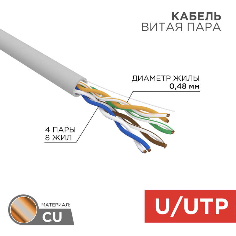 Кабель витая пара U/UTP, CAT 5e, LSZH нг(А)-HF, 4PR, 24AWG, внутренний, однопроволочный, серый, 305м REXANT