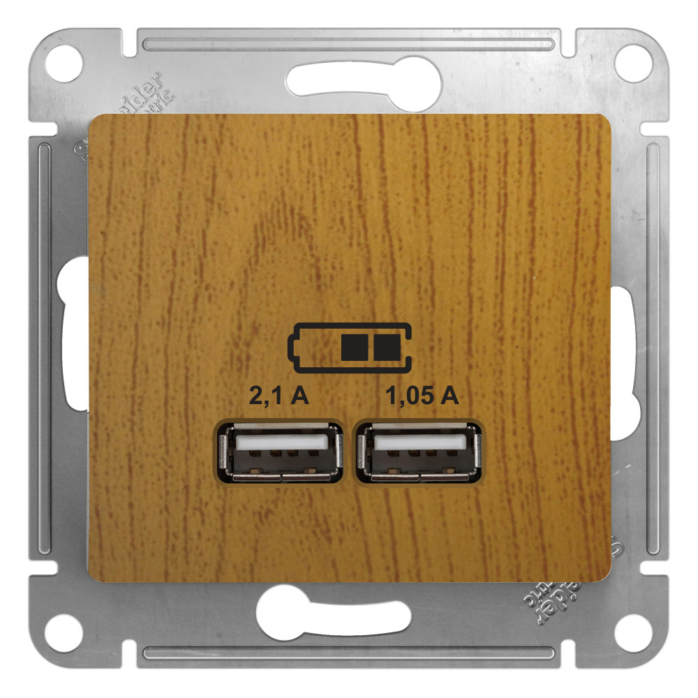 GLOSSA USB РОЗЕТКА A+A, 5В/2,1А, 2х5В/1,05А, механизм, ДУБ