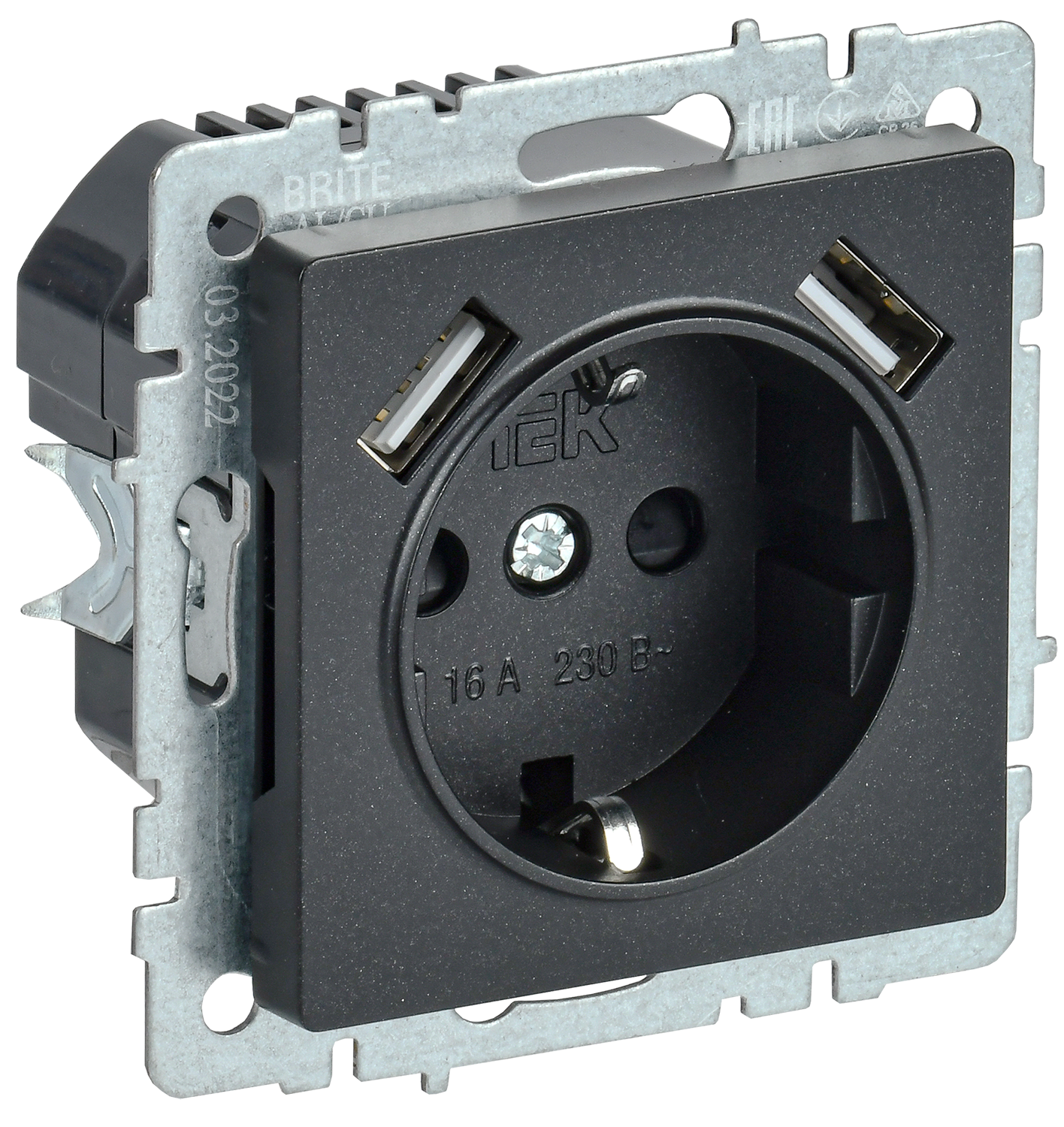 BRITE Розетка 1-местная с заземлением с защитными шторками 16А с USB A+A 5В 2,1А РЮш10-1-БрЧ черный IEK
