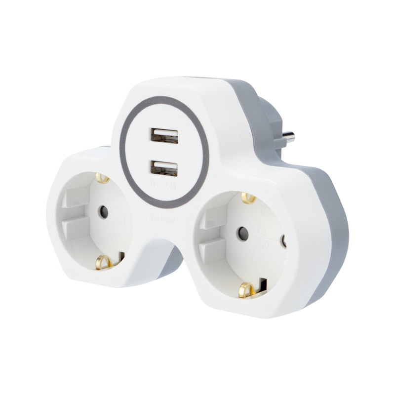 Двойник электрический 16А с/з и защитными шторками и 2 USB-разъема, 2,4 А, белый REXANT