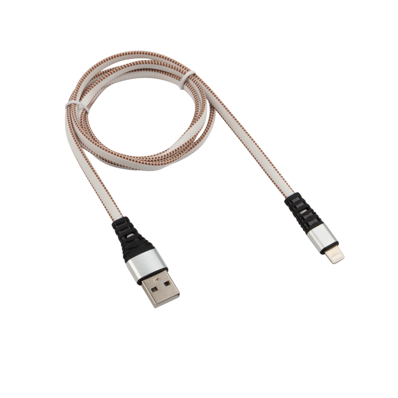 Кабель USB-A – Lightning, 2,4A, 1м, в белой нейлоновой оплетке, плоский REXANT
